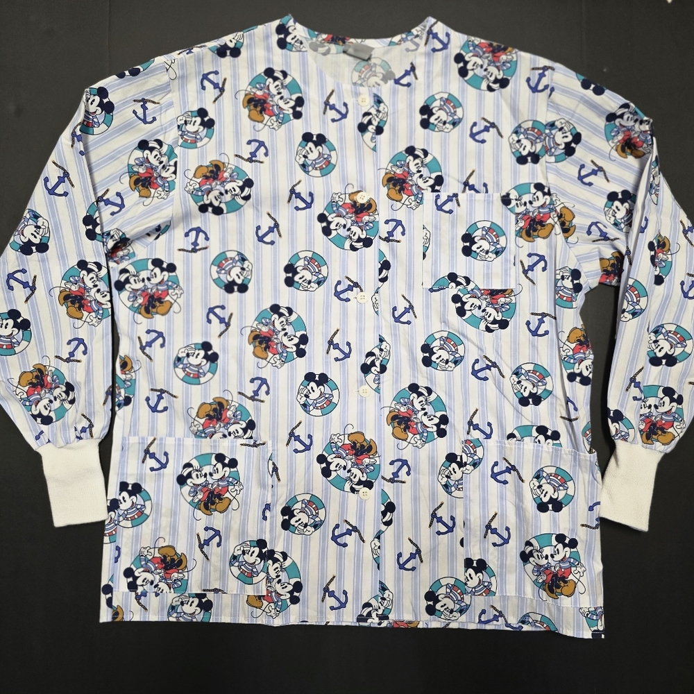 Barco Uniforms Scrub Top Long Sleeve Sailor Mickey & Minnie Mouse Size Large